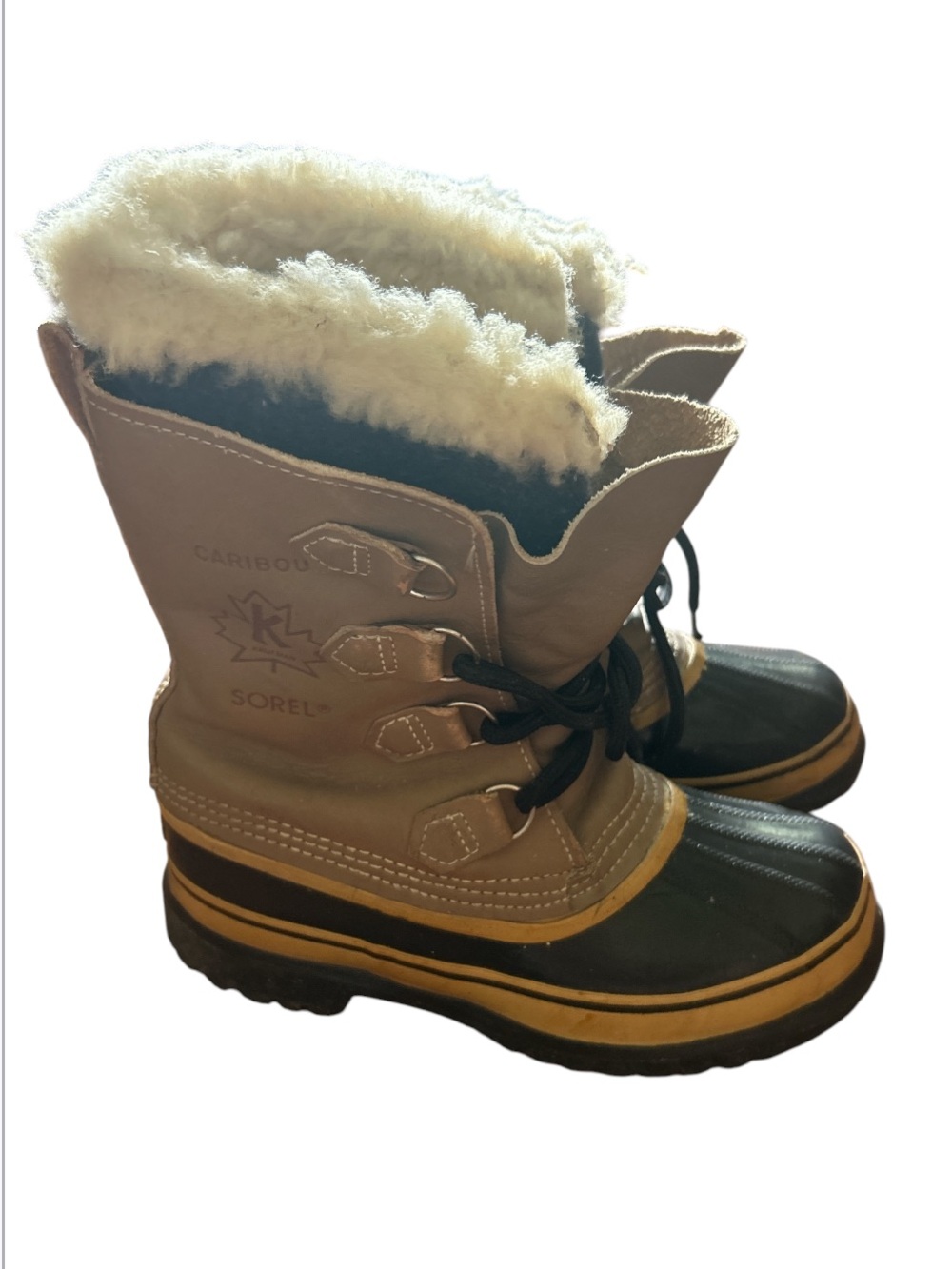 Vintage Sorel Caribou Insulated Winter Boots - Tan & Black with Cream Fur size:6